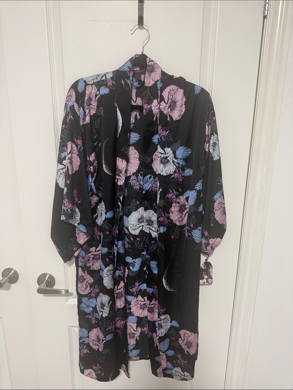 Black Floral Kimono Robe with Pink & Blue Blooms